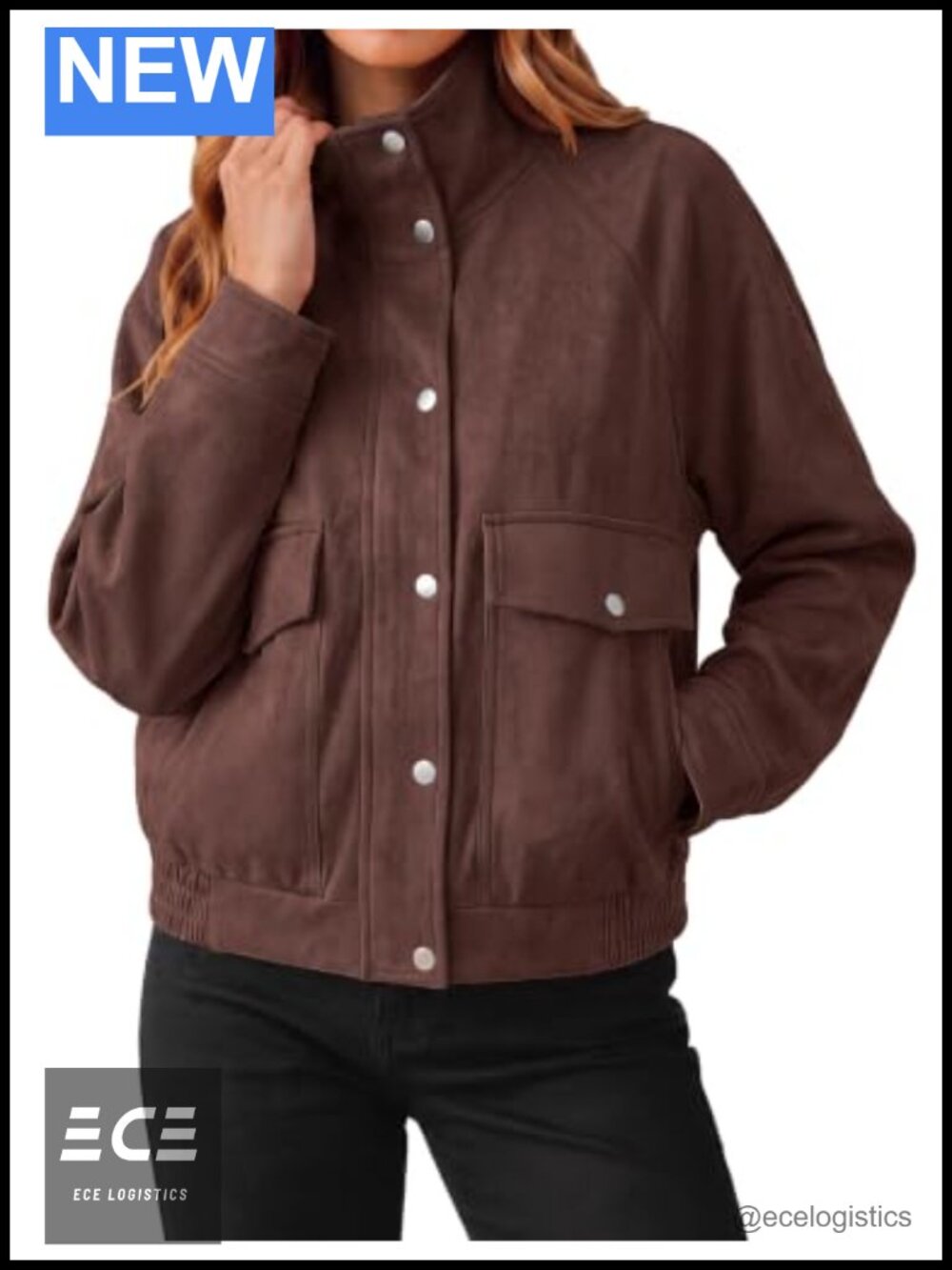 Faux Suede Bomber Jacket Women Stand Collar Zip Up Lined Casual Coat
